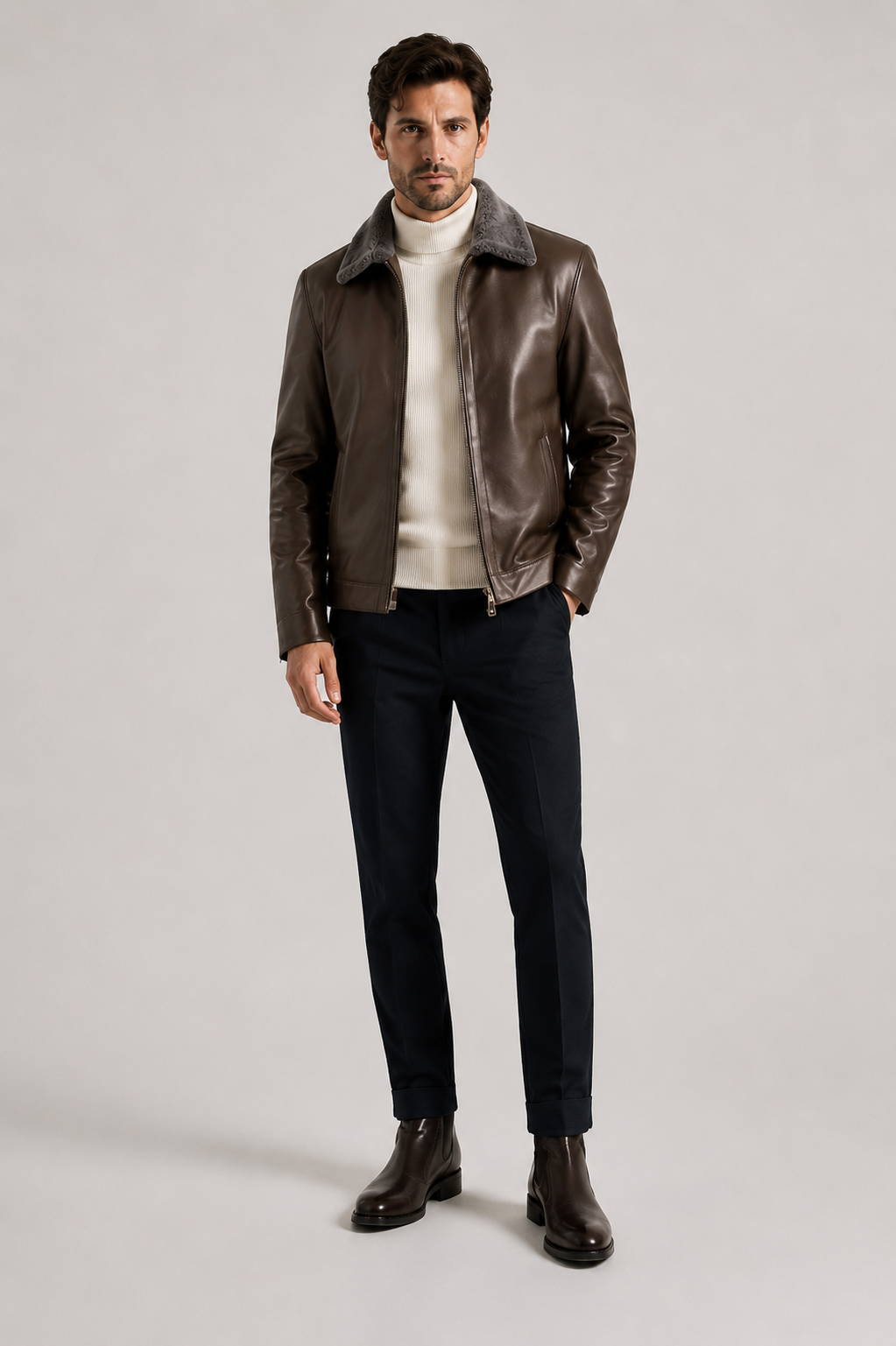 Men’s Premium Leather Jacket with Shearling Collar