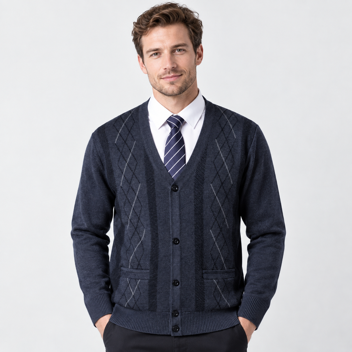 Men’s V Neck Knit Cardigan Diamond Pattern Button Sweater