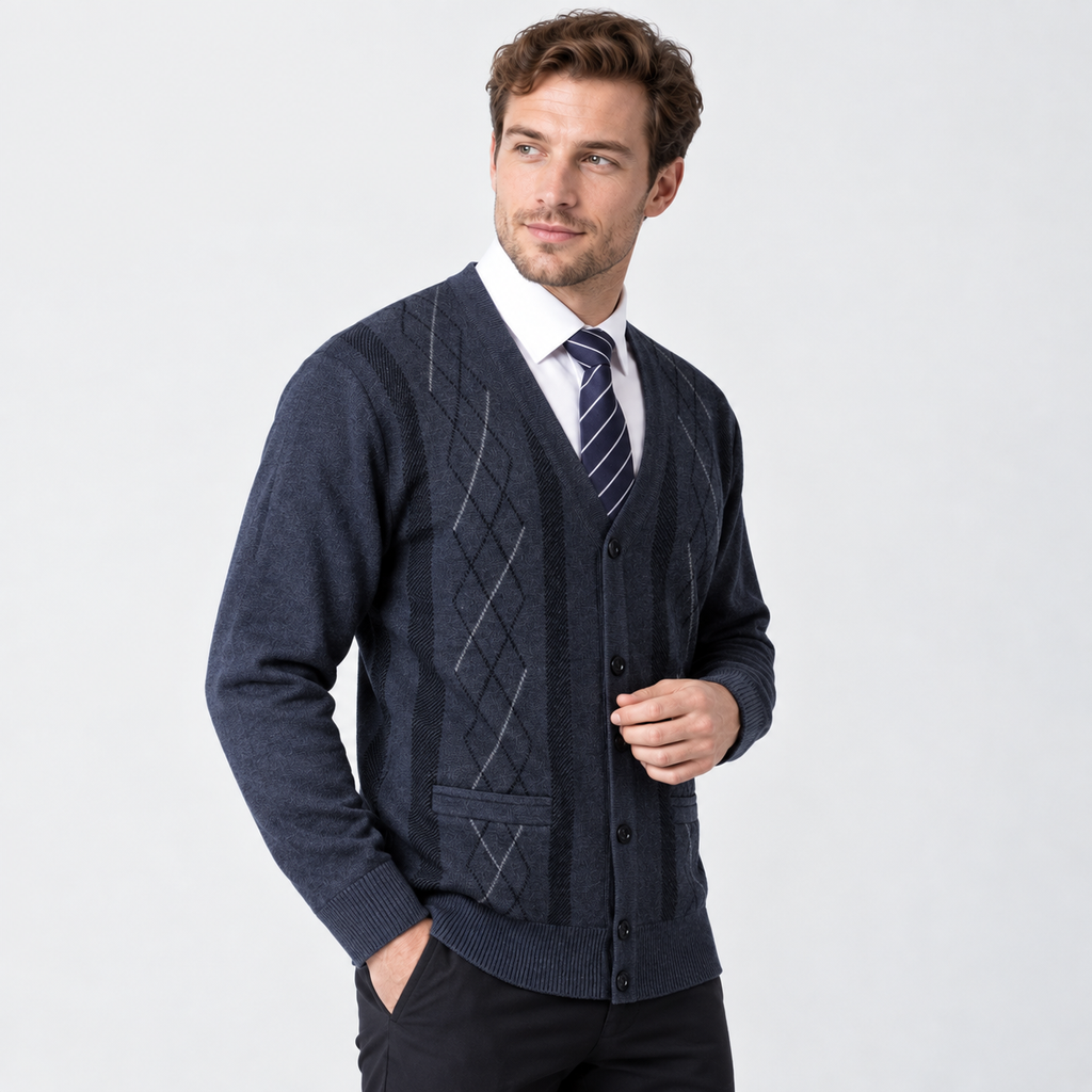 Men’s V Neck Knit Cardigan Diamond Pattern Button Sweater