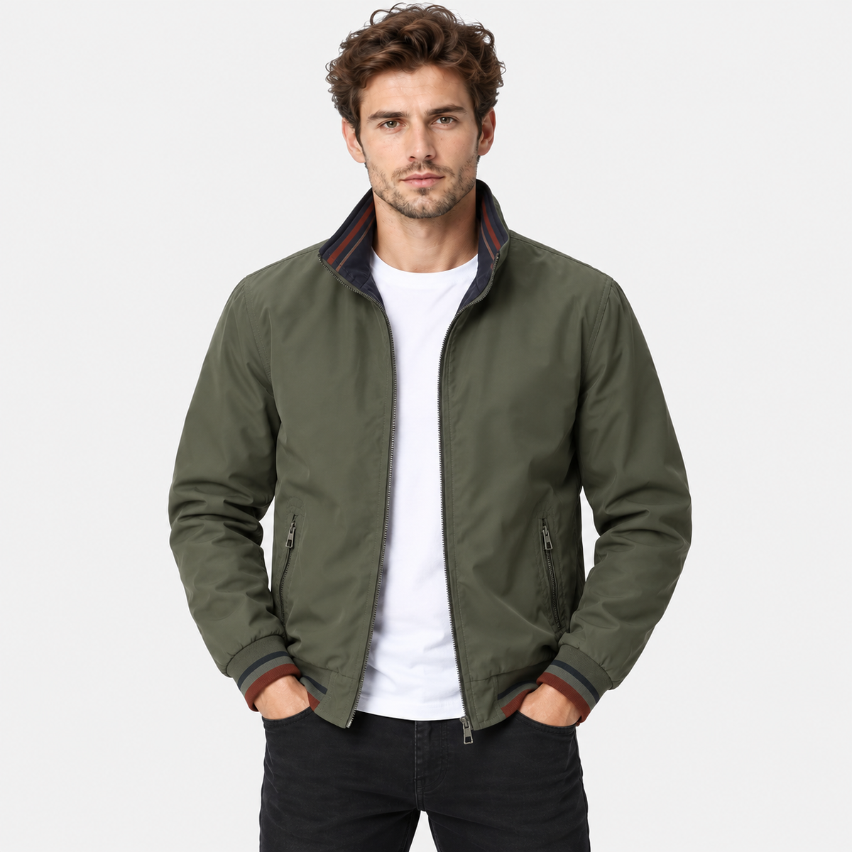 Men’s Reversible Utility Jacket Stand Collar Zip Casual Coat