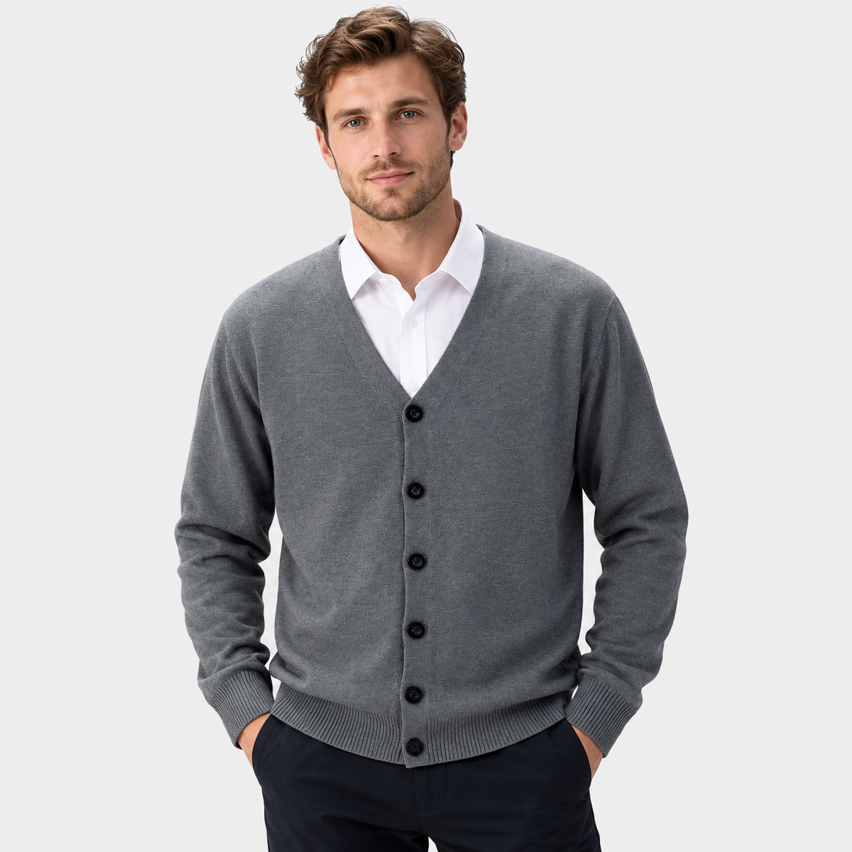 Men's V-Neck Cardigan Polyester Knit Button Front Loose Fit