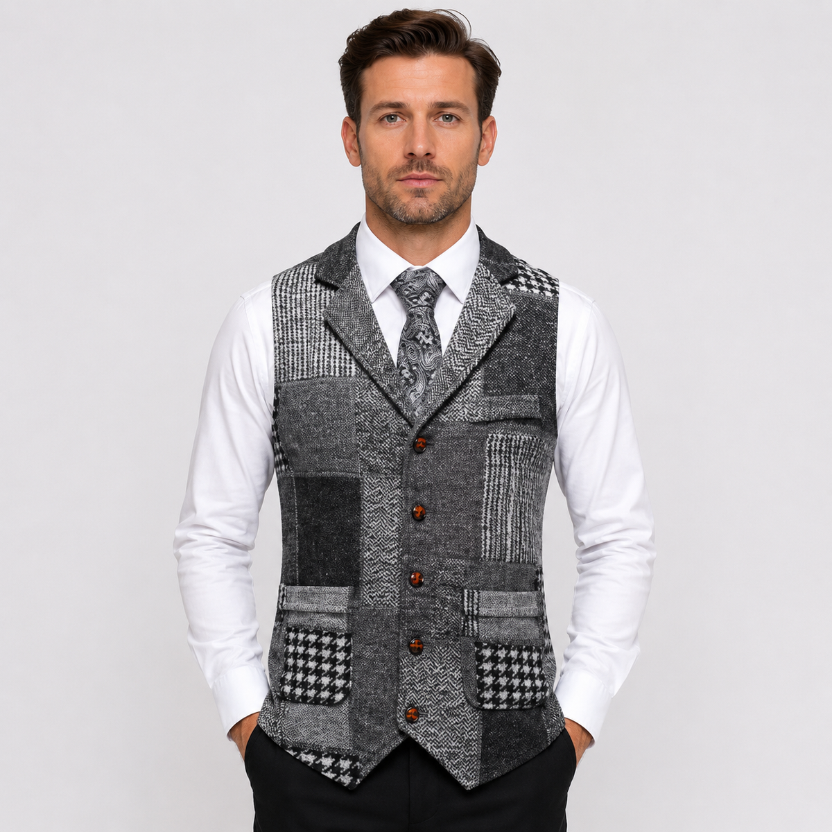 Men's Tweed Vest - Plaid Herringbone Slim Fit Waistcoat