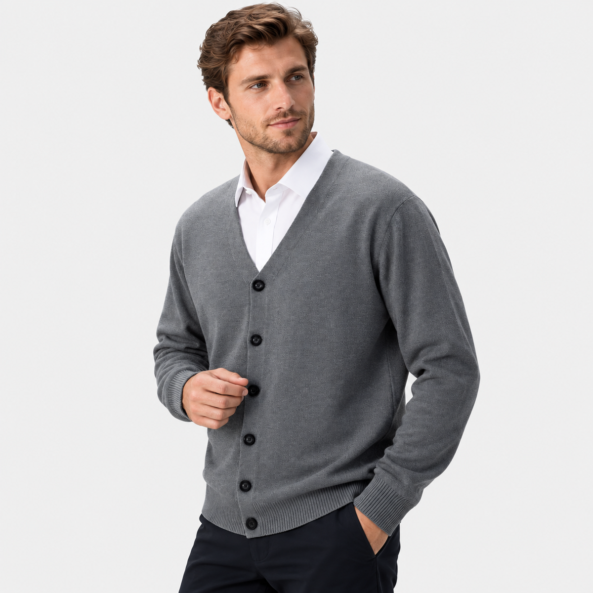 Men's V-Neck Cardigan Polyester Knit Button Front Loose Fit