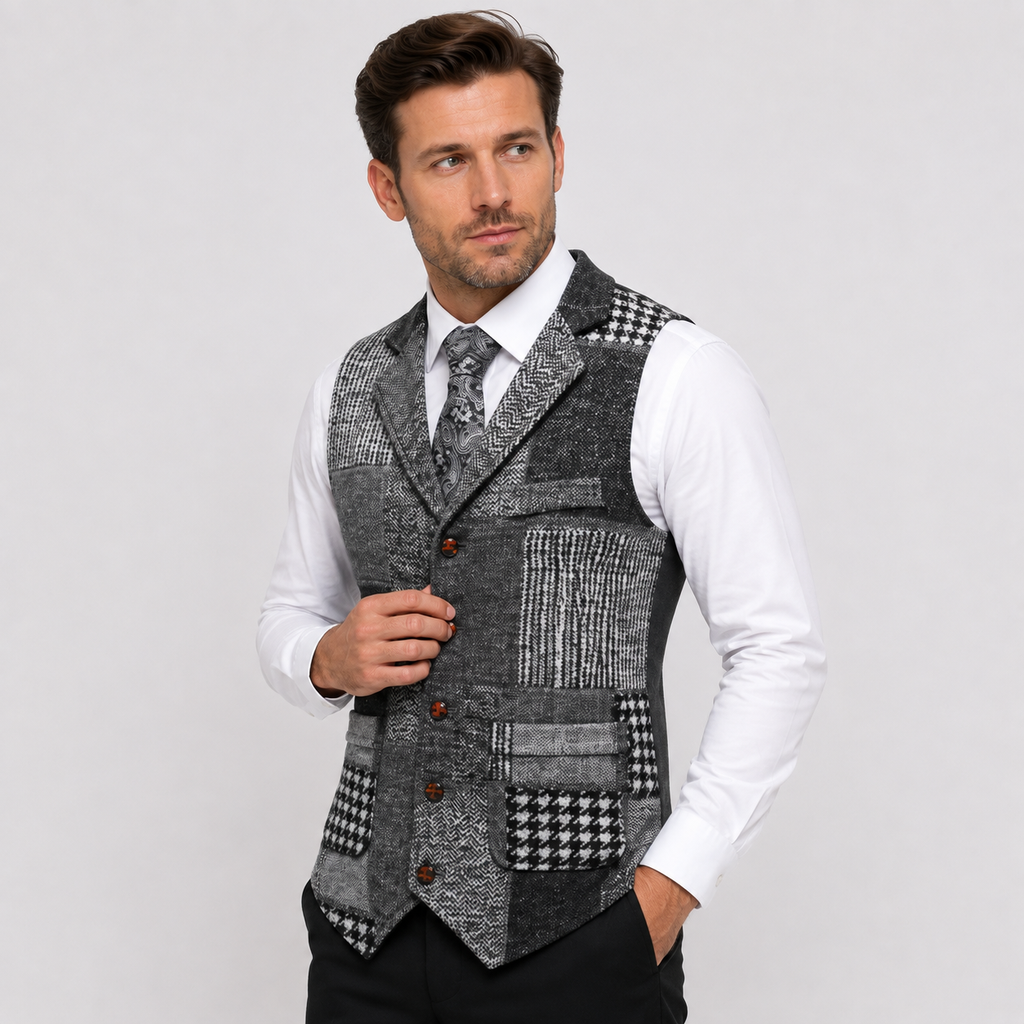 Men's Tweed Vest - Plaid Herringbone Slim Fit Waistcoat