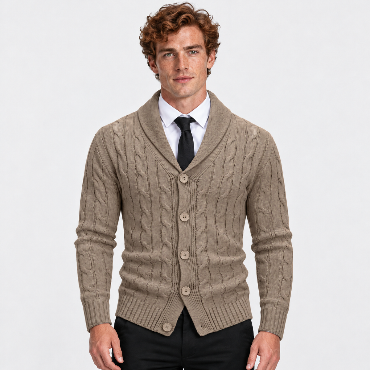 Men's Cable Knit Cardigan Acrylic Sweater Lapel Collar Coat