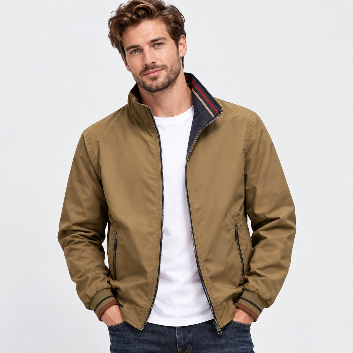 Men’s Reversible Utility Jacket Stand Collar Zip Casual Coat