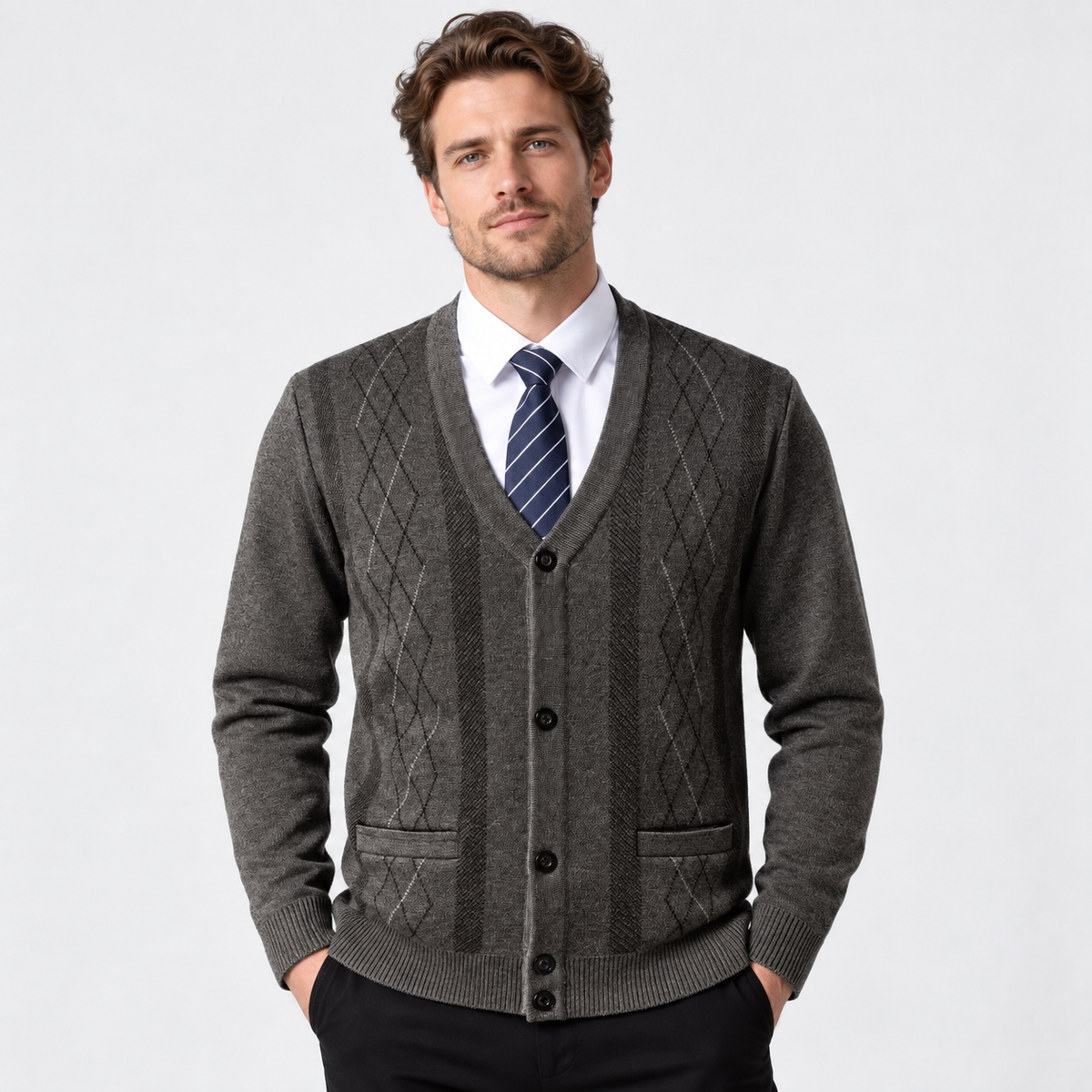 Men’s V Neck Knit Cardigan Diamond Pattern Button Sweater