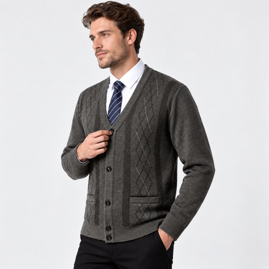 Men’s V Neck Knit Cardigan Diamond Pattern Button Sweater