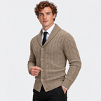 Men's Cable Knit Cardigan Acrylic Sweater Lapel Collar Coat