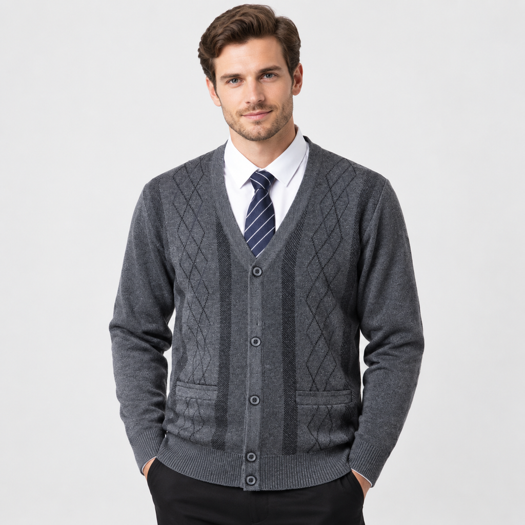 Men’s V Neck Knit Cardigan Diamond Pattern Button Sweater