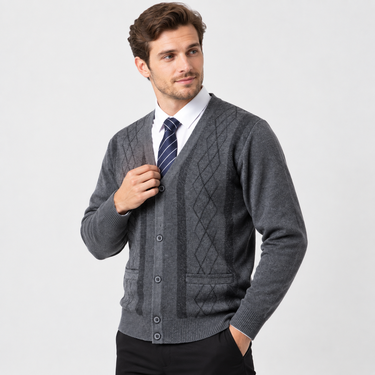 Men’s V Neck Knit Cardigan Diamond Pattern Button Sweater