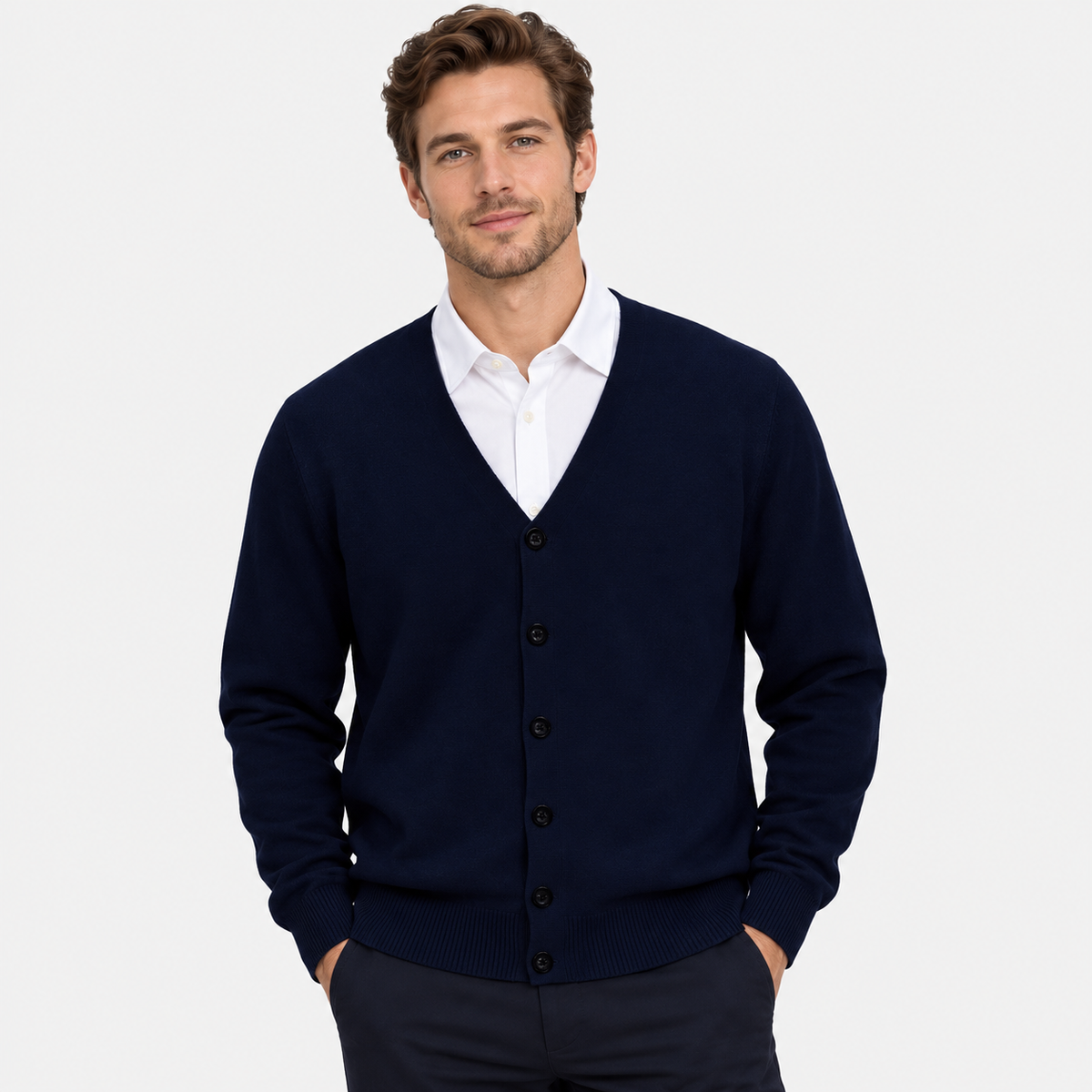 Men's V-Neck Cardigan Polyester Knit Button Front Loose Fit