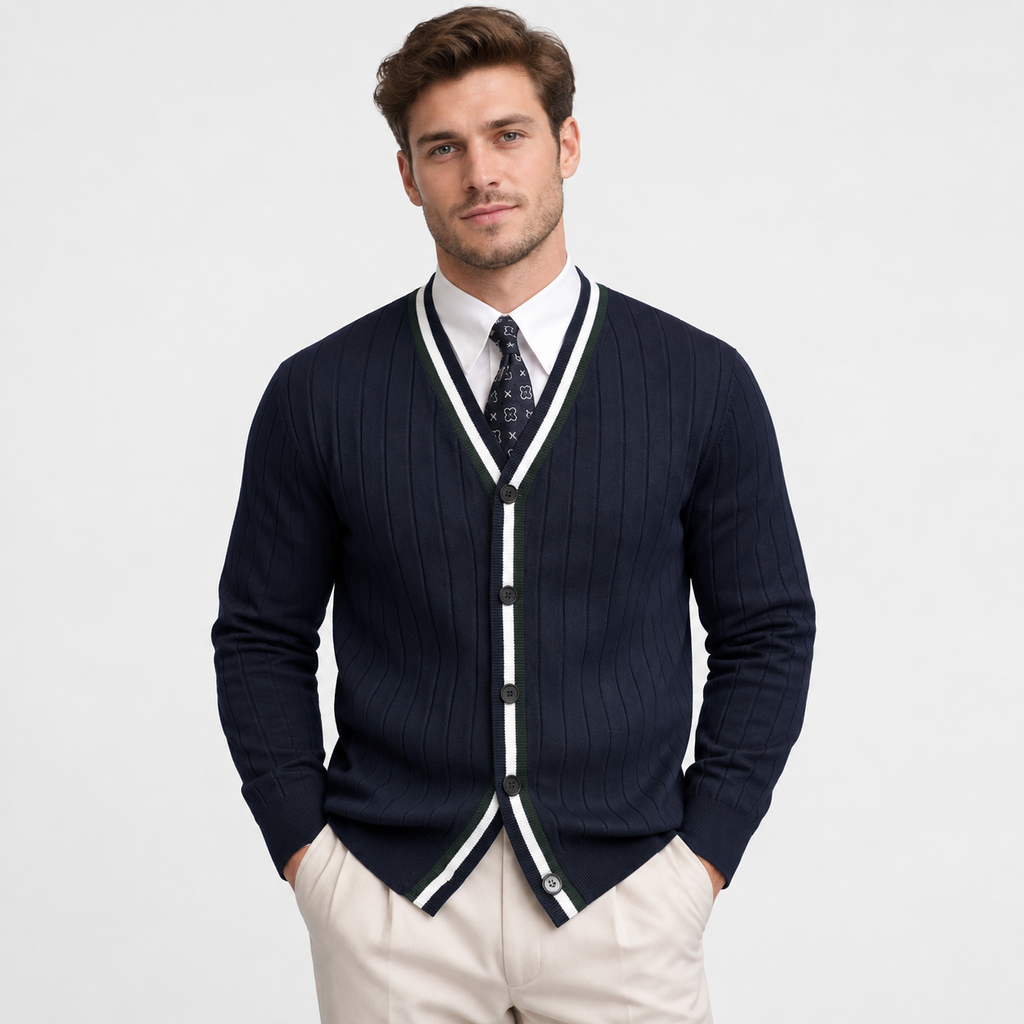 Men’s V Neck Knit Cardigan Color Block Button Sweater