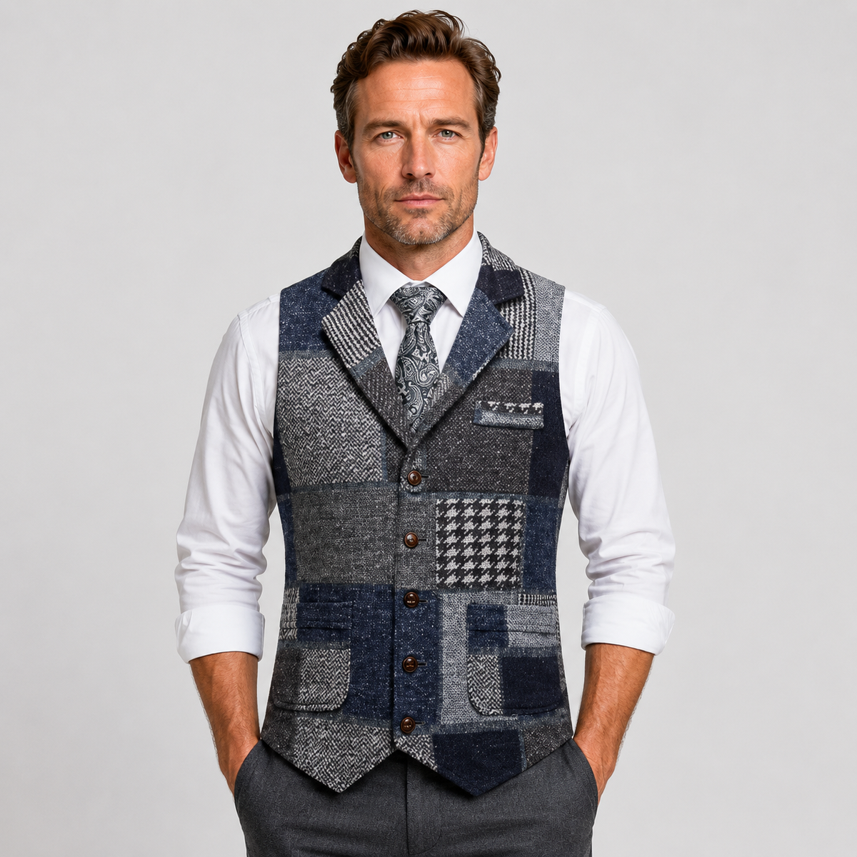 Men's Tweed Vest - Plaid Herringbone Slim Fit Waistcoat