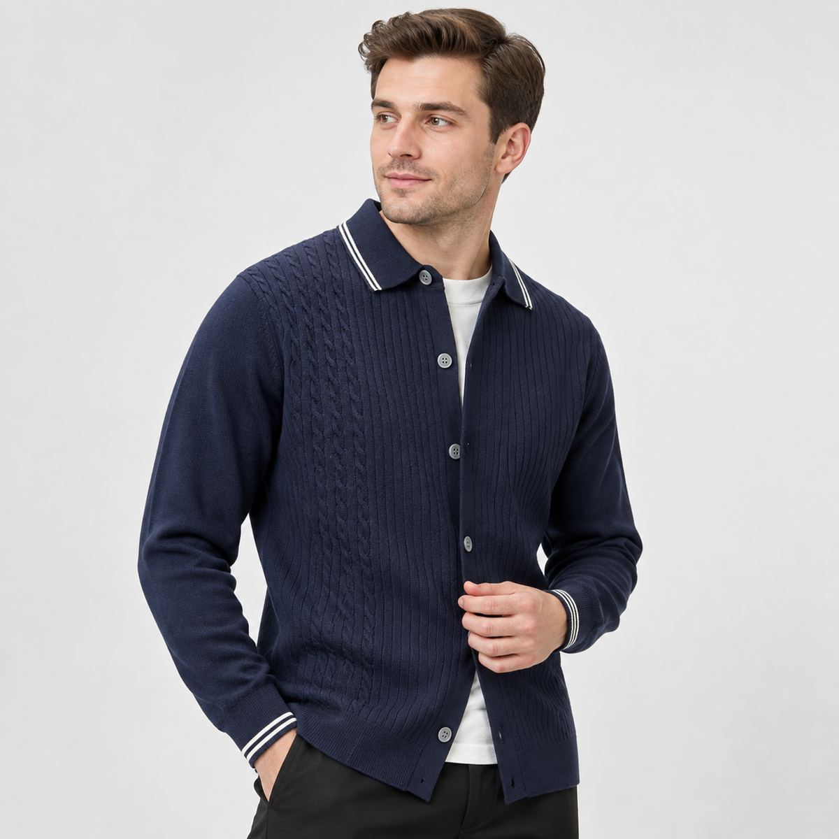 Men’s Cable Knit Cardigan Color Block Button Front Sweater