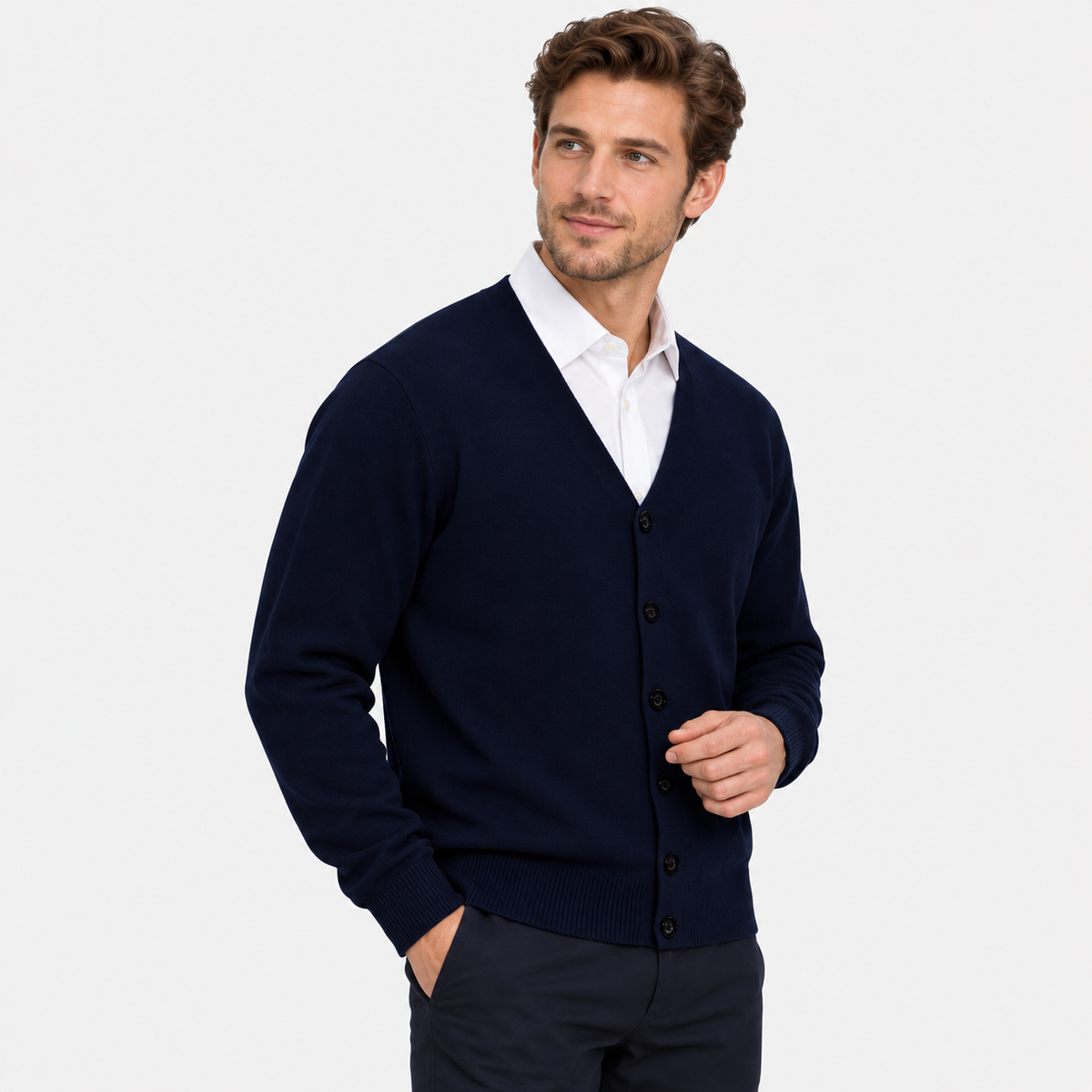 Men's V-Neck Cardigan Polyester Knit Button Front Loose Fit