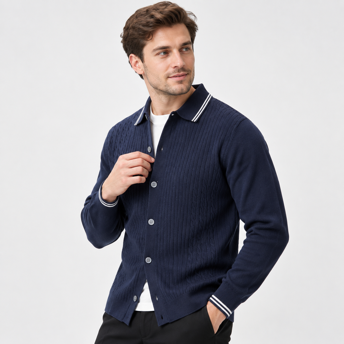 Men’s Cable Knit Cardigan Color Block Button Front Sweater