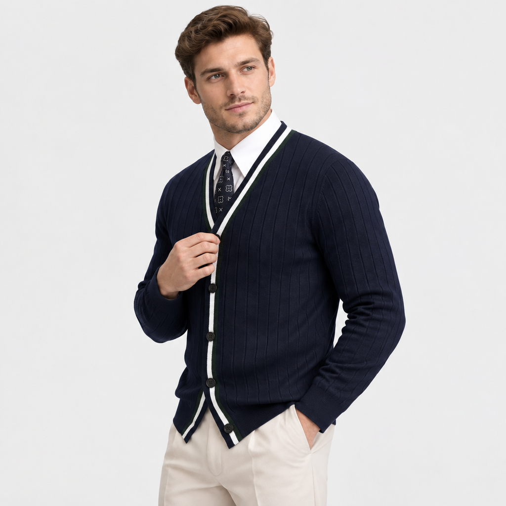 Men’s V Neck Knit Cardigan Color Block Button Sweater