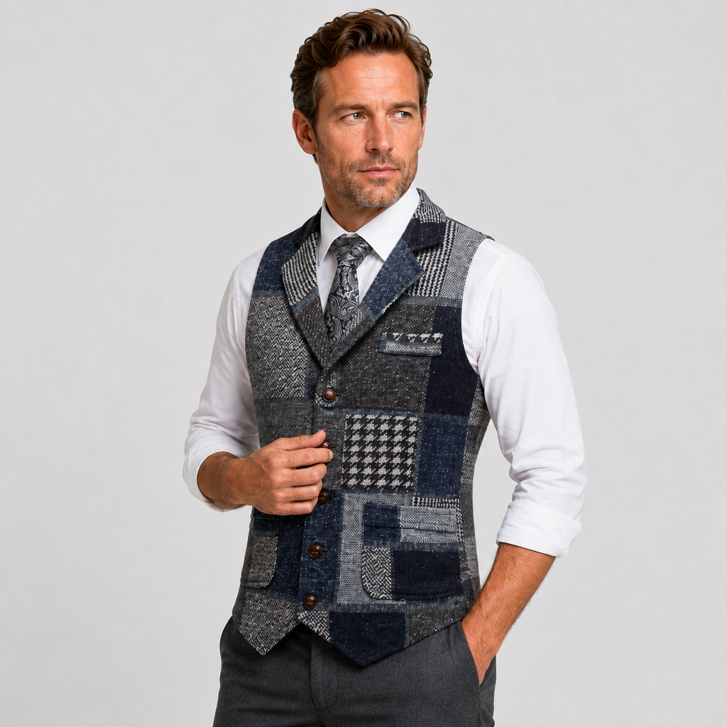 Men's Tweed Vest - Plaid Herringbone Slim Fit Waistcoat