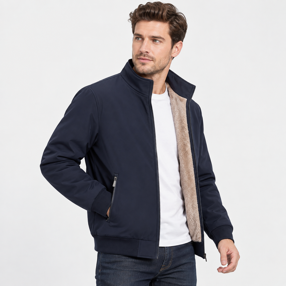 Men's Fleece Jacket Thick Polyester Stand Collar Winter Coat