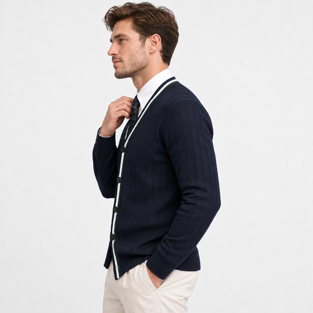 Men’s V Neck Knit Cardigan Color Block Button Sweater