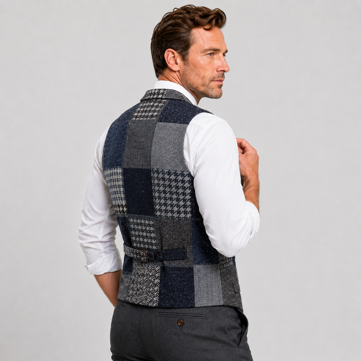 Men's Tweed Vest - Plaid Herringbone Slim Fit Waistcoat