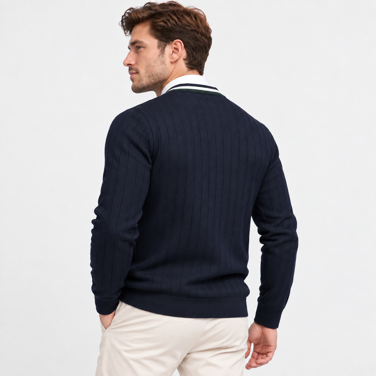 Men’s V Neck Knit Cardigan Color Block Button Sweater