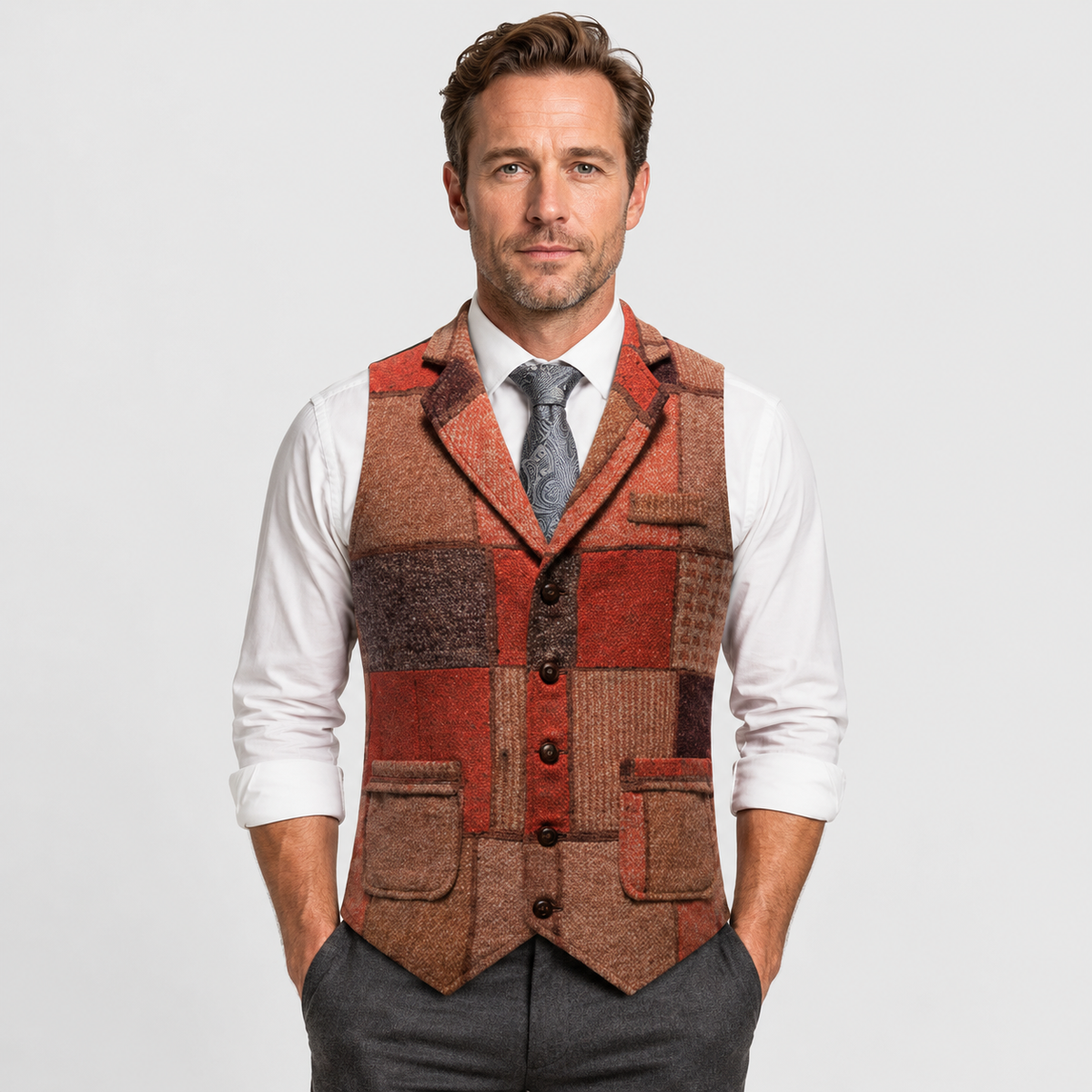 Men's Tweed Vest - Plaid Herringbone Slim Fit Waistcoat