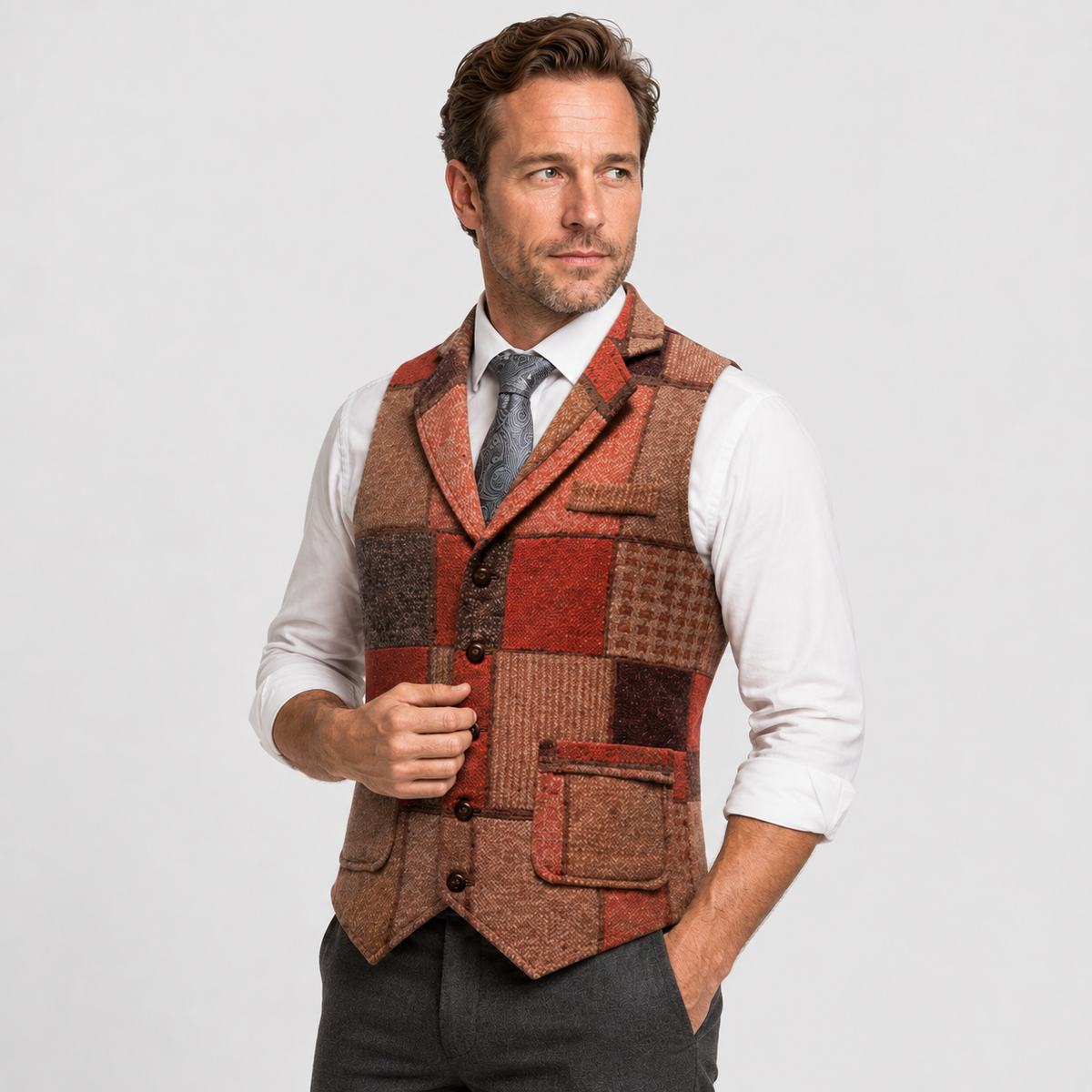 Men's Tweed Vest - Plaid Herringbone Slim Fit Waistcoat