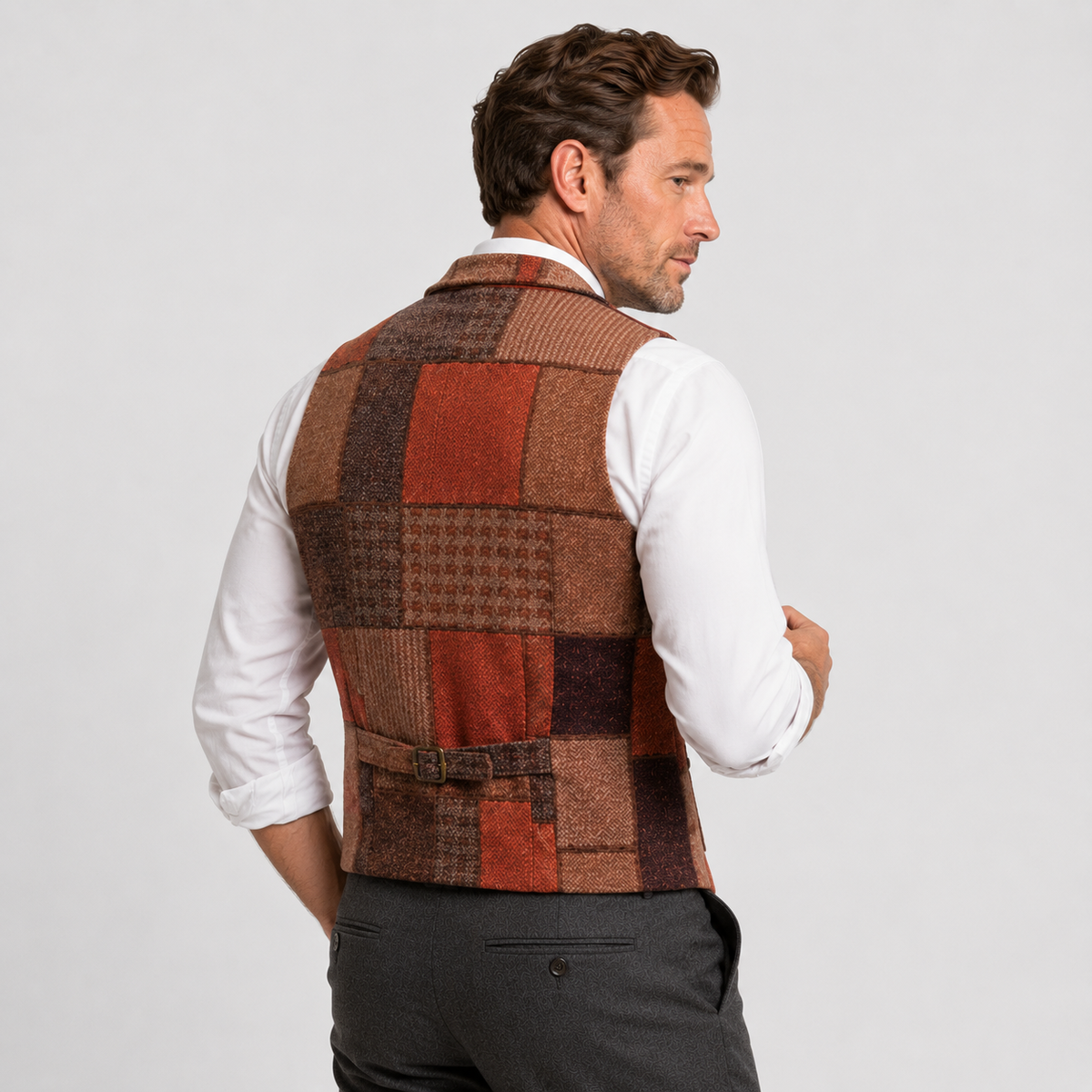 Men's Tweed Vest - Plaid Herringbone Slim Fit Waistcoat