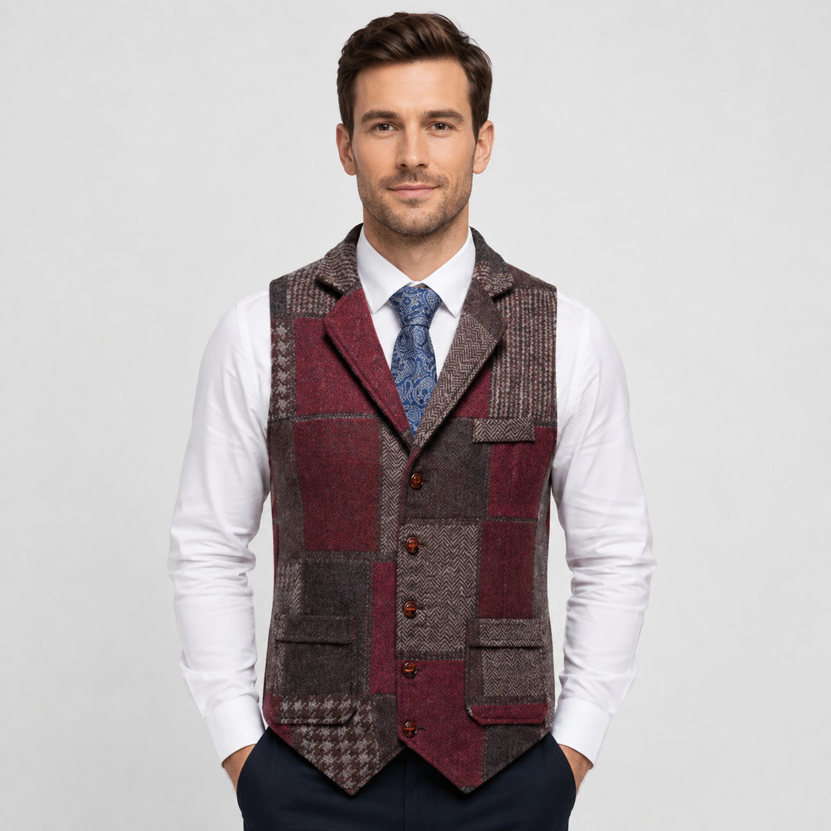 Men's Tweed Vest - Plaid Herringbone Slim Fit Waistcoat