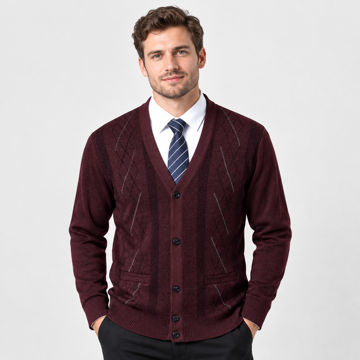 Men’s V Neck Knit Cardigan Diamond Pattern Button Sweater