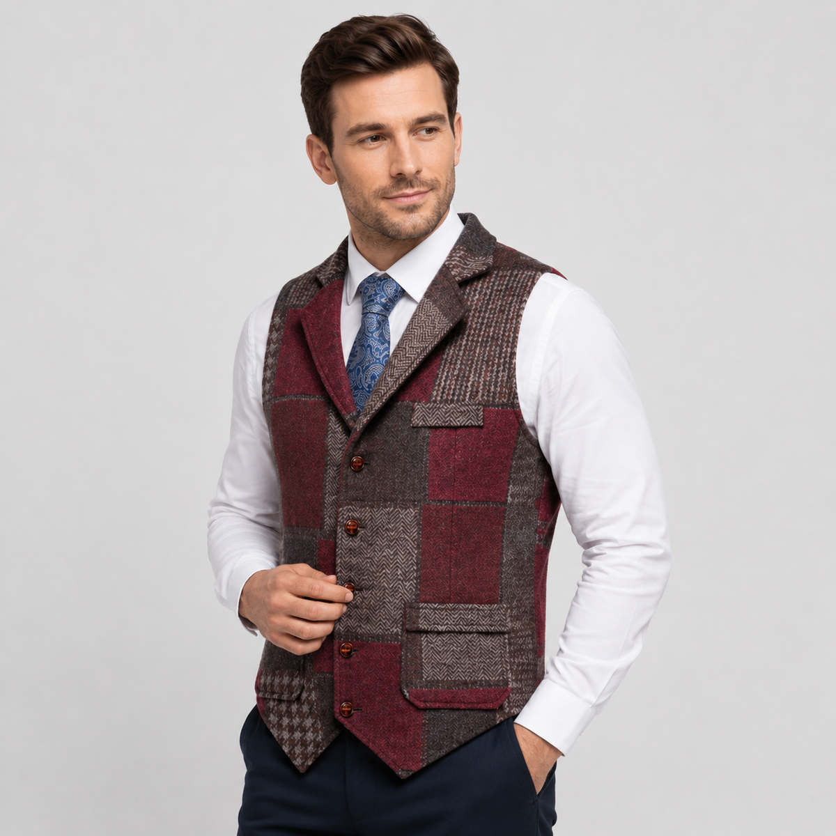Men's Tweed Vest - Plaid Herringbone Slim Fit Waistcoat