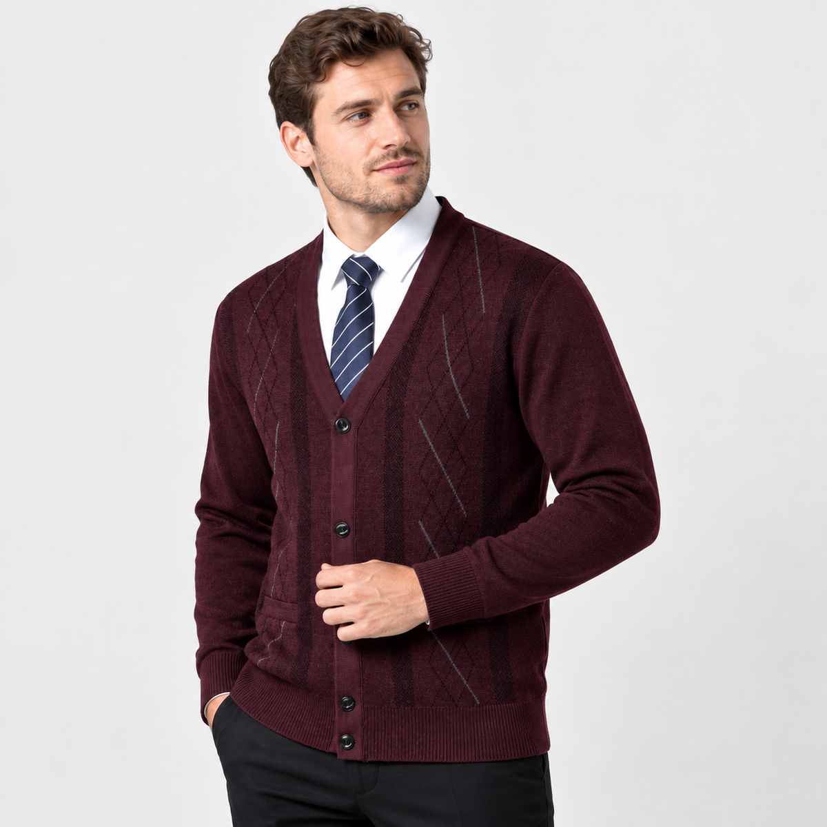 Men’s V Neck Knit Cardigan Diamond Pattern Button Sweater