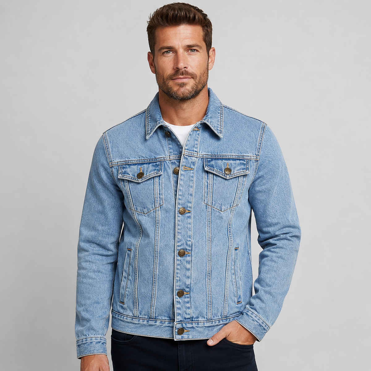 Men's Denim Jacket - Cotton Hooded Button Front